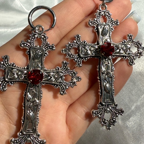 Halloween gothic Silver color Cross Earrings with Red Gem - Picture 6 of 7